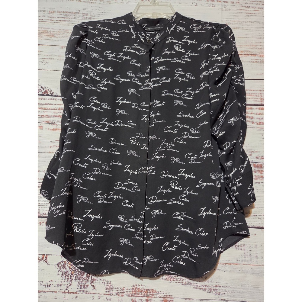 White House Black Market Script Print Ruched Sleeve Blouse Black White Small